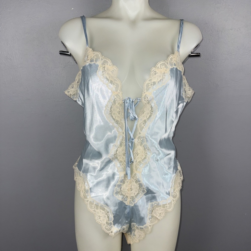 Delicates classic vintage satin teddy Women's L Blue And Ivory boudoir Coquette